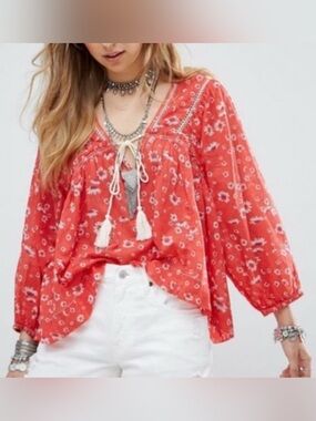Free People Never A Dull Moment Scarlet Red Blouse